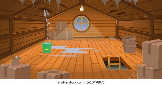 Interior Flooded The Wooden Attic With Boxes, A Window, Stairs And Rats. Broken Roof With Leakage. Vector Illustration Of Cartoon Style.