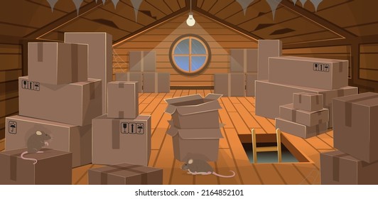 Interior flooded the wooden attic with boxes, a window, stairs and rats. Vector illustration of cartoon style.