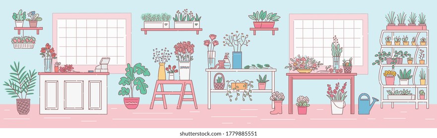 Interior of florist shop with cashiers counter and flowers, sketch cartoon vector illustration. Flower store horizontal background design with furniture.