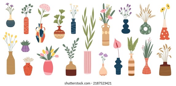 Interior flower vases, plant bouquets in flowerpots and floral pots, vector. Scandinavian vases, home or office decoration houseplants in glass jugs, tulips, roses and poppy in different vases