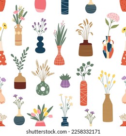 Interior flower vases seamless pattern with floral bouquets, spring plants and dried herbs. Vector scandinavian ceramic vases, glass jars and bottles with abstract ornament, modern pottery backdrop