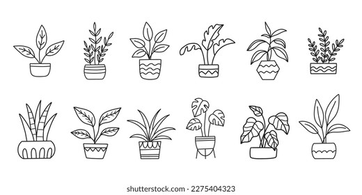 Interior flowers in pot. Indoor Home plants vector illustration set. Potted houseplant, line art hand drawing. Trendy decor doodle sketch botanical isolated elements collection. Gardening concept. - Shutterstock ID 2275404323