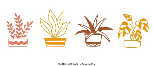 Interior flowers in pot. Indoor Home plants vector illustration set. Potted houseplant, line art hand drawing. Trendy decor doodle sketch botanical isolated elements collection. Gardening concept.