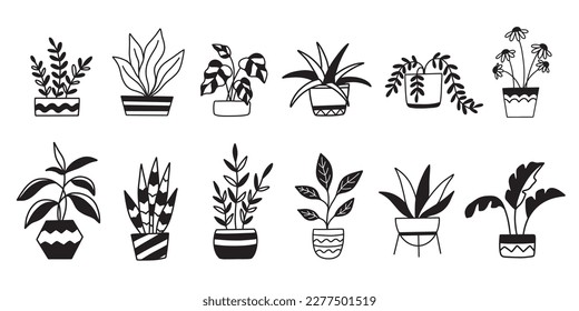 Interior flowers in pot. Indoor Home plants vector illustration set. Potted houseplant, hand drawing. Trendy decor doodle sketch botanical isolated elements collection. Gardening concept.