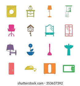 interior, furniture 16 icons universal set for web and mobile flat