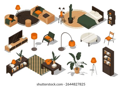 Interior furniture 3d isometric set. Collection isolated flat elements of living room, sofa, armchairs, bedroom, bed, tv on table, chairs, plants in pot, shelf, decoration, more. Vector illustration.