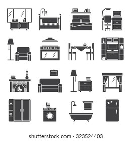  Interior and furniture black white icons set with living room bedroom and kitchen flat isolated vector illustration 