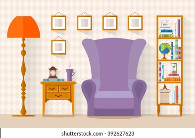 Interior with furniture, bookcase, armchair in flat style. living room. Vector illustration.