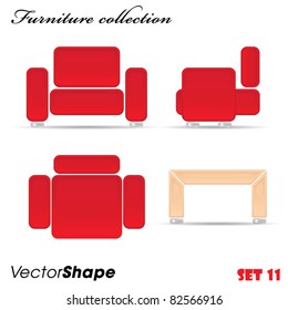 Interior furniture collection icons, red sofa in two projections with coffee table, vector illustration