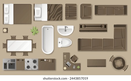 Interior furniture collection top view. Elements for living room, bedroom, kitchen, bathroom. Floor plan, view from above. Furniture store. Icons set of interior. Isolated vector illustration