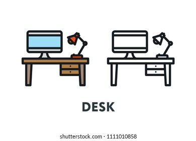 Interior Furniture Concept. Desk Table, Computer, Lamp. Minimal Color Flat Line Outline Stroke Icon.