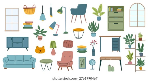 Interior furniture and decor elements set in flat style isolated on white background. Collection of vector cliparts.