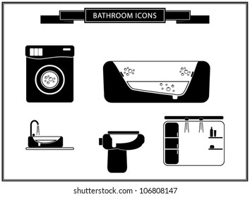 Interior furniture design icons, bathroom, silhouette style, vector illustration
