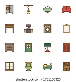 Interior furniture filled outline icons set, line vector symbol collection, linear colorful pictogram pack. Signs, logo illustration, Set includes icons as household equipment, sofa, bathtub, toilet
