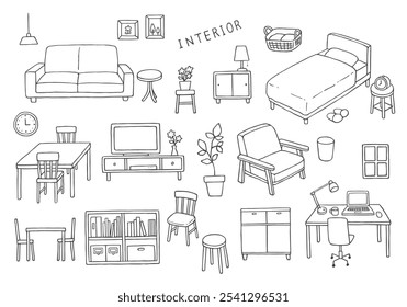 Interior and furniture hand drawn illustration set