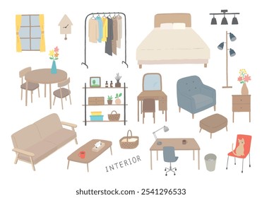 Interior e móveis desenhado à mão ilustração conjunto
