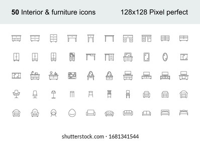 Interior, furniture and home decor icon set. Vector line illustration.