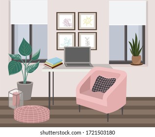 Interior of furniture and home decorations. Cozy living room with windows. Flat colorful illustration.