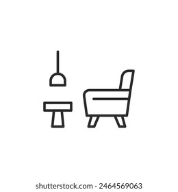 Icono de muebles interiores. Una representación minimalista de un espacio de vida bien diseñado con una silla, mesa y lámpara colgante. Ideal para servicios de interiorismo, tiendas de decoración. Ilustración vectorial 