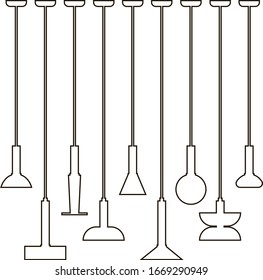 Interior furniture icons. Ceiling lamp icon set. Silhouette ceiling lamps light for home appliance indoor furniture. Vector stock illustration of pendants. Black vector lamps isolated on white.