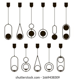 Interior furniture icons. Ceiling lamp icon set. Silhouette ceiling lamps light for home appliance indoor furniture. Vector stock illustration of pendants. Black vector lamps isolated on white.