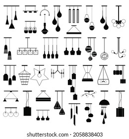 Interior furniture icons. Ceiling lamp icon set. Silhouette ceiling lamps light for home appliance indoor furniture. Vector stock illustration of pendants. Black vector lamps isolated on white.