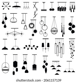 Interior furniture icons. Ceiling lamp icon set. Silhouette ceiling lamps light for home appliance indoor furniture. Vector stock illustration of pendants. Black vector lamps isolated on white.