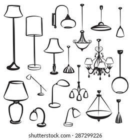Interior furniture icons. Lamp furniture doodles set. Ceiling light design collection. 