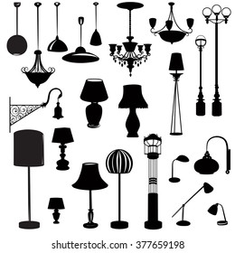 Interior furniture icons. Lamp furniture doodles set. Ceiling light design collection. 