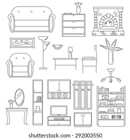 Interior furniture icons line set with chair table lamp isolated vector illustration