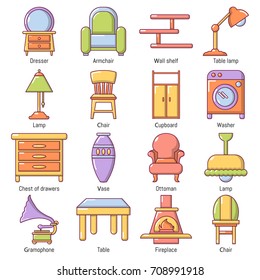 Interior furniture icons set. Carrtoon illustration of 16 interior furniture vector icons for web