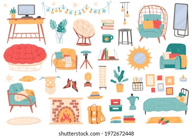 Interior furniture. Living Room accessories and decor elements, modern cozy apartments objects, home trendy design, inside house. Vector set