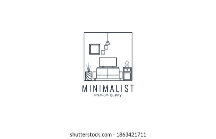 interior furniture living room with television and accessories line logo vector icon design illustration