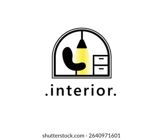 interior, furniture logo, chairs and wardrobe shelves with hanging lights shining, logo design template