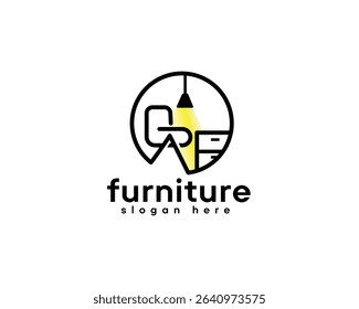 interior, furniture logo, table and chairs in a circle with hanging lights shining, logo design template
