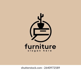 interior, furniture logo, table inside circle with initials f logo design template