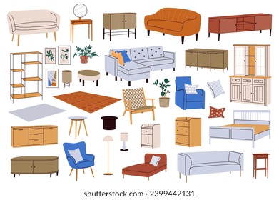 Interior furniture mega set in flat design. Bundle elements of different types of sofas, tables, bookcases, paintings, armchairs, lamps, pillows, other. Vector illustration isolated graphic objects