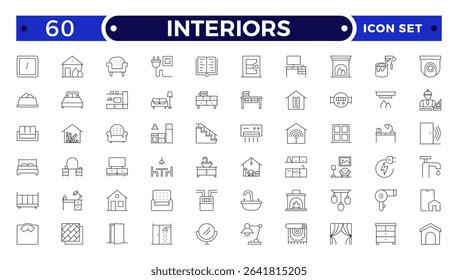 Interior and furniture Outline icon set. Thin line editable stroke icons for interior design, decoration, home styling, appliances, renovation, architecture.
