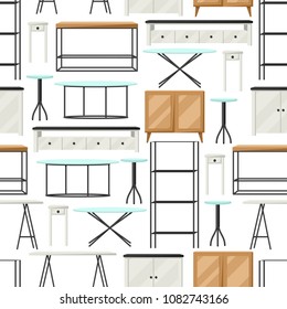 Interior and furniture pattern. Shelving with shelves, cupboards and tables.