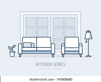 Interior and furniture series. Sofa and chair monoline vector illustration