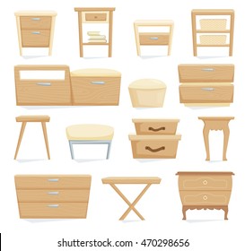 Interior furniture set. Bedroom furniture: bedside table, nightstand, basket, cabinet, chair, box. Office and home cartoon object isolated on white. Vector illustration
