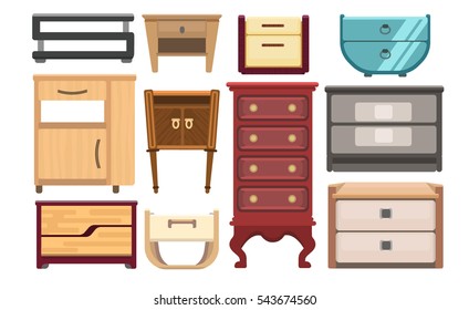 Interior furniture set. Bedroom furniture: bedside table, nightstand, basket, cabinet, table, chair, box. Office and home cartoon furniture isolated on white. Vector illustration