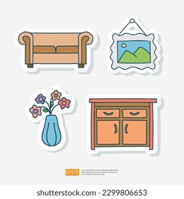 interior furniture set doodle. home decoration sketch style icon. isolated on white background simple hand drawn Vector illustration