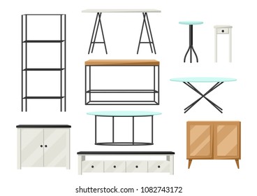 Interior and furniture set. Shelving with shelves, cupboards and tables.