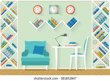 Interior with furniture, shelves, books in flat style. The office, home library, study room. Vector illustration.
