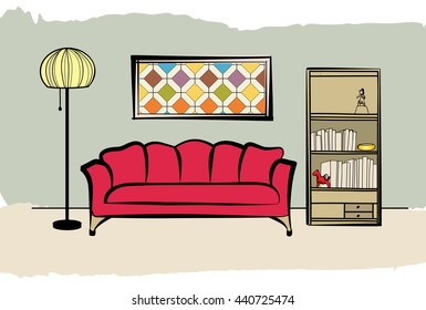 Interior furniture with sofa, floor lamp, book shelf, books and picture on the wall. Living room hand drawing design.