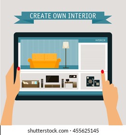 Interior, furniture store theme. Flat style illustration. Tablet with interior elements website page. 