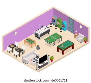 Interior Game Room Isometric View with Furniture and Equipment Design Leisure Concept. Vector illustration