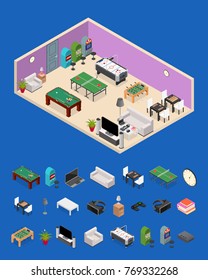 Interior Game Room and Parts Isometric View Furniture and Equipment Design Leisure Concept. Vector illustration
