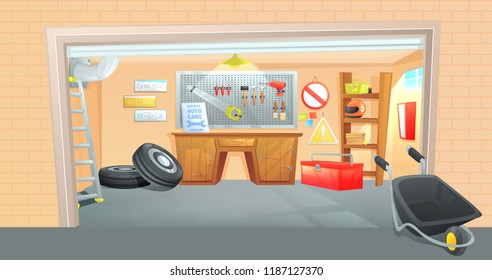 The interior of the garage. Workplace of the master on car repair with working tools. Vector cartoon illustration